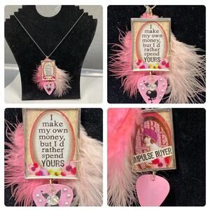 Handmade Statement Pendant Necklace – Pink Feathers, Rhinestones, Quote “I Make